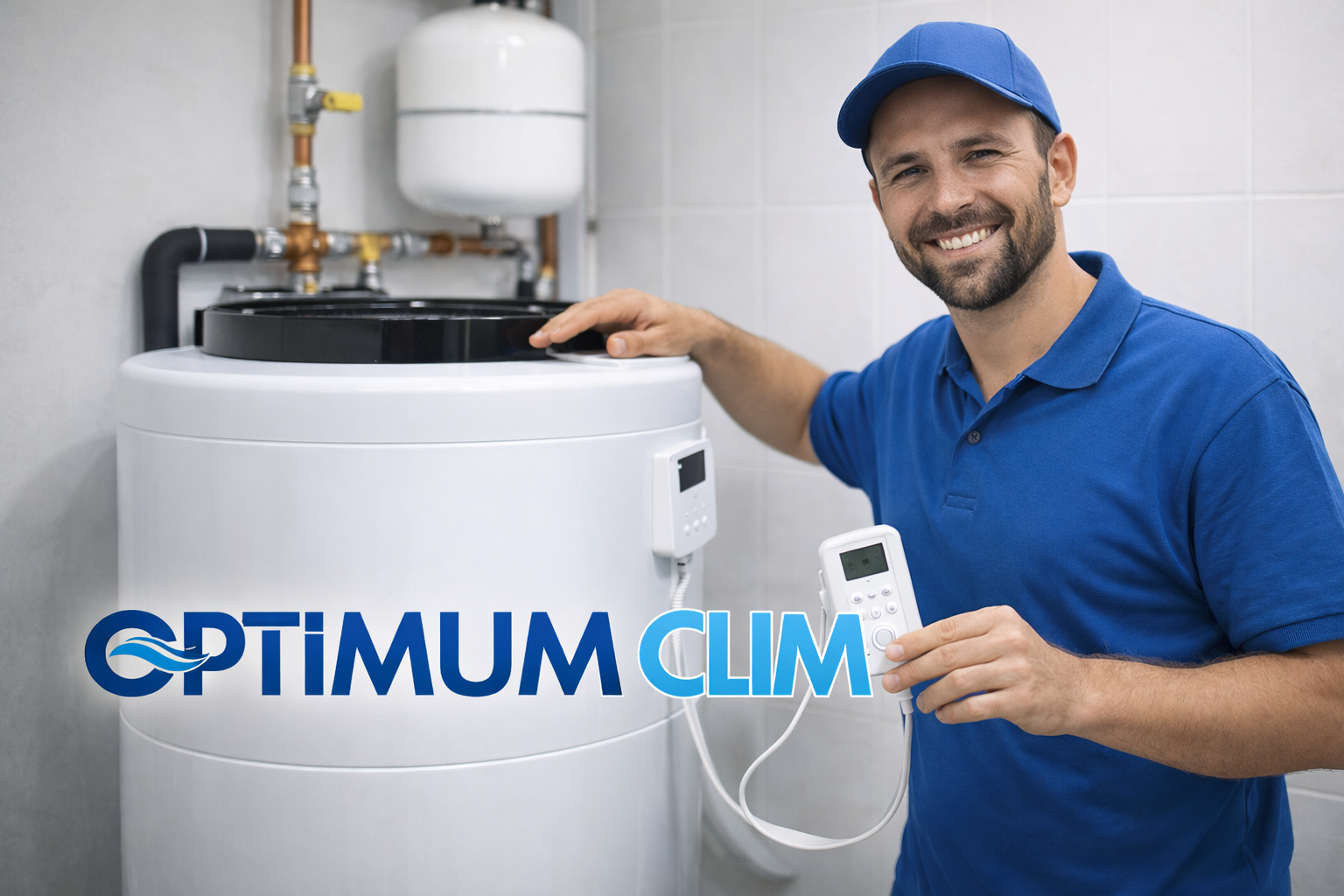 Artisan Optimum Clim installant et réglant un chauffe-eau thermodynamique avec commande de contrôle.